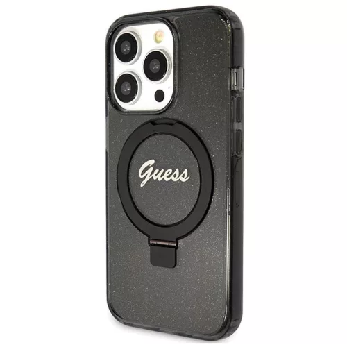 Eredeti GUESS előlapos tok GUHMP15XHRSGSK iPhone 15 Pro Max készülékhez (Magsafe-kompatibilis, Glitter Script logó, gyűrűs állvány, fekete)