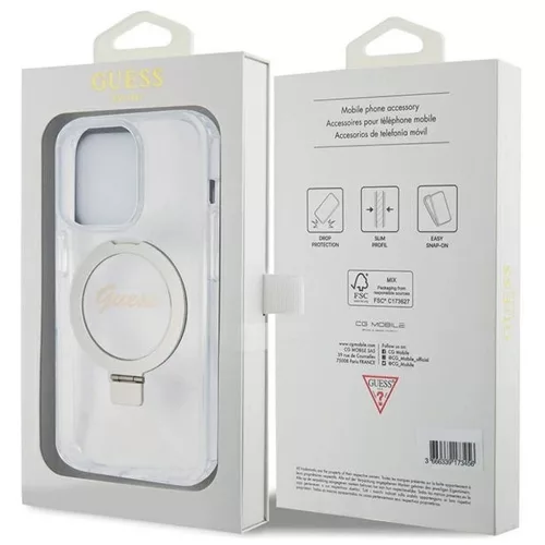 GUESS tok iPhone 15 Pro készülékhez, MagSafe kompatibilis, GUHMP15LHRSGSD (Glitter Script Logo Ring stand), átlátszó