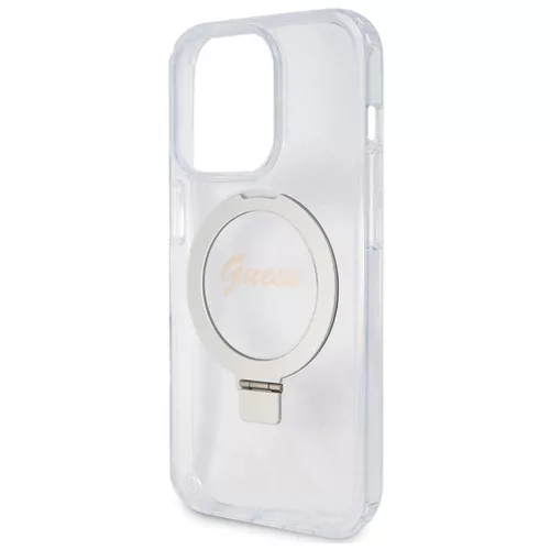 GUESS tok iPhone 15 Pro készülékhez, MagSafe kompatibilis, GUHMP15LHRSGSD (Glitter Script Logo Ring stand), átlátszó
