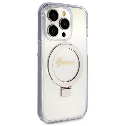 GUESS tok iPhone 15 Pro készülékhez, MagSafe kompatibilis, GUHMP15LHRSGSD (Glitter Script Logo Ring stand), átlátszó