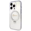 GUESS tok iPhone 15 Pro készülékhez, MagSafe kompatibilis, GUHMP15LHRSGSD (Glitter Script Logo Ring stand), átlátszó