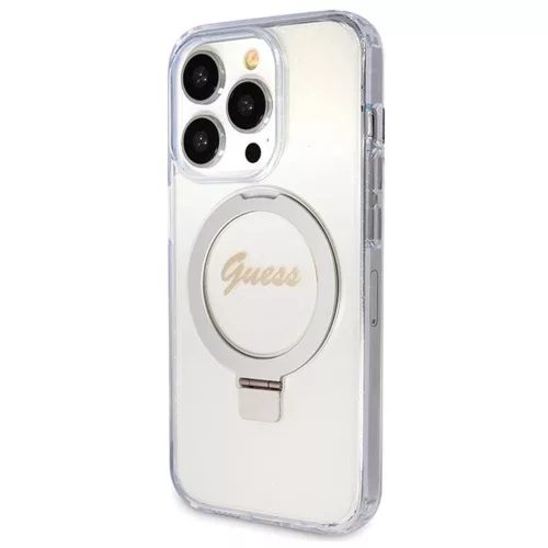 GUESS tok iPhone 15 Pro készülékhez, MagSafe kompatibilis, GUHMP15LHRSGSD (Glitter Script Logo Ring stand), átlátszó