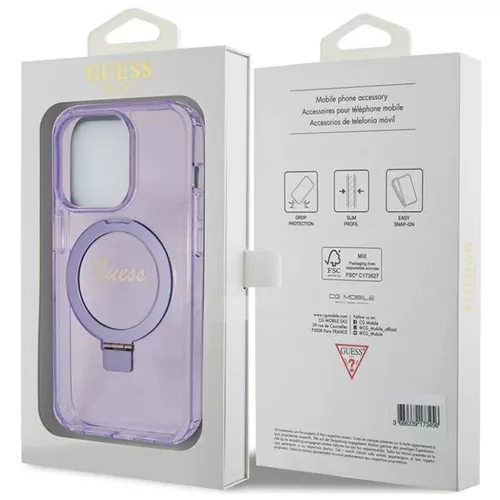 GUESS GUHMP15XHRSGSU Eredeti előlapos tok iPhone 15 Pro Max készülékhez – MagSafe-kompatibilis, Glitter Script Logo, gyűrűs tartó, lila