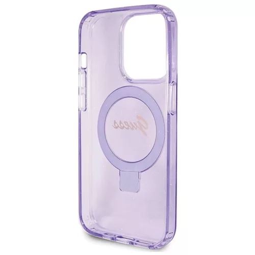 GUESS GUHMP15XHRSGSU Eredeti előlapos tok iPhone 15 Pro Max készülékhez – MagSafe-kompatibilis, Glitter Script Logo, gyűrűs tartó, lila