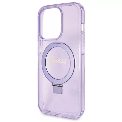 GUESS GUHMP15XHRSGSU Eredeti előlapos tok iPhone 15 Pro Max készülékhez – MagSafe-kompatibilis, Glitter Script Logo, gyűrűs tartó, lila