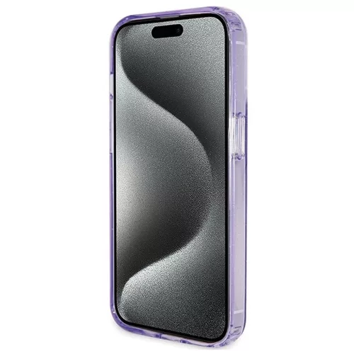 GUESS GUHMP15XHRSGSU Eredeti előlapos tok iPhone 15 Pro Max készülékhez – MagSafe-kompatibilis, Glitter Script Logo, gyűrűs tartó, lila