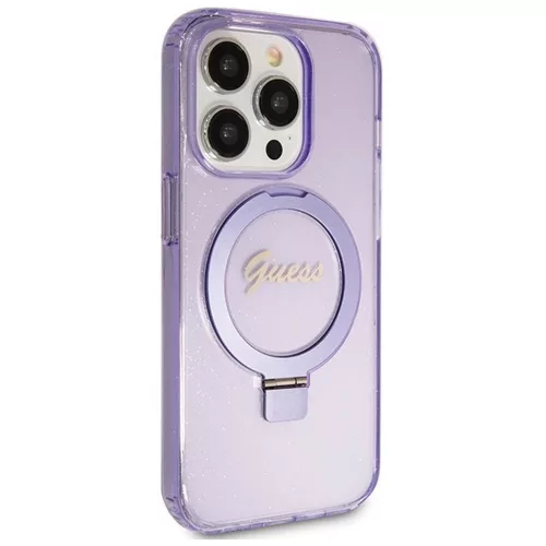 GUESS GUHMP15XHRSGSU Eredeti előlapos tok iPhone 15 Pro Max készülékhez – MagSafe-kompatibilis, Glitter Script Logo, gyűrűs tartó, lila