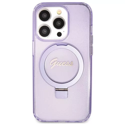GUESS GUHMP15XHRSGSU Eredeti előlapos tok iPhone 15 Pro Max készülékhez – MagSafe-kompatibilis, Glitter Script Logo, gyűrűs tartó, lila