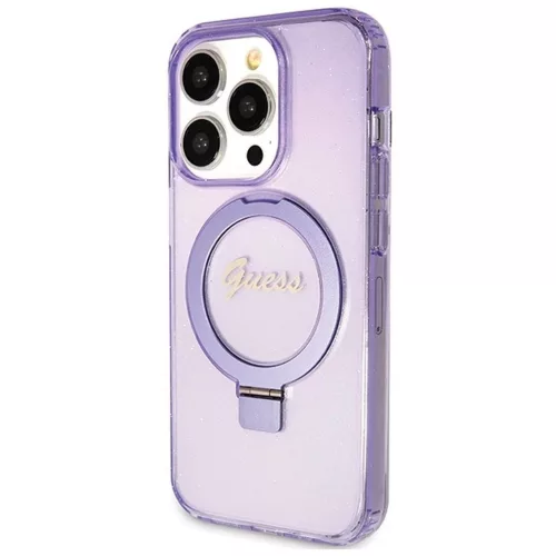 GUESS GUHMP15XHRSGSU Eredeti előlapos tok iPhone 15 Pro Max készülékhez – MagSafe-kompatibilis, Glitter Script Logo, gyűrűs tartó, lila