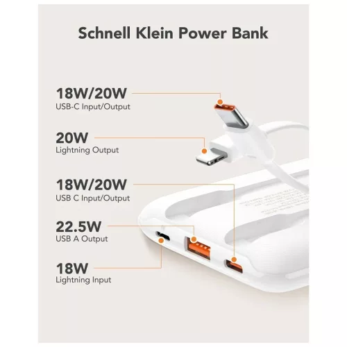 Veger külső akkumulátor C11 (W1170) PD QC3.0 2A 22,5W 10000 mAh beépített USB-C és Lightning kábelekkel fehér