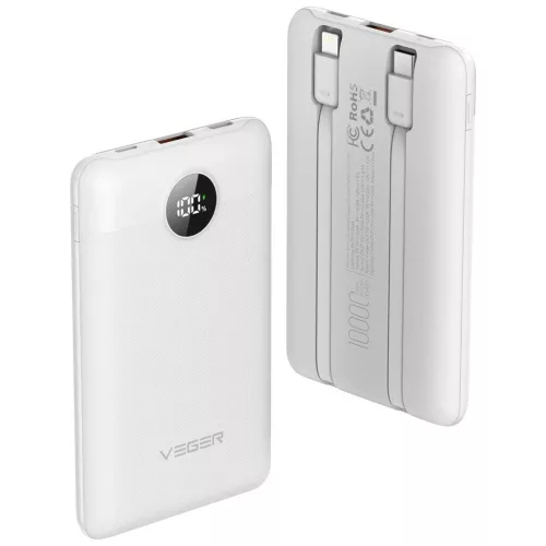 Veger külső akkumulátor C11 (W1170) PD QC3.0 2A 22,5W 10000 mAh beépített USB-C és Lightning kábelekkel fehér