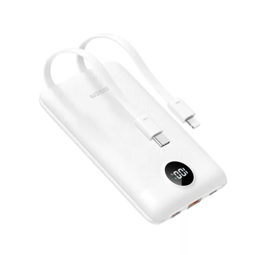 Veger külső akkumulátor C11 (W1170) PD QC3.0 2A 22,5W 10000 mAh beépített USB-C és Lightning kábelekkel fehér