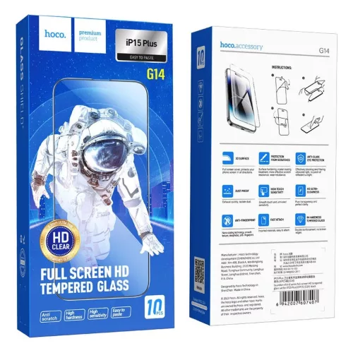 Hoco HD 5D Guardian Shield edzett üvegfólia iPhone 15 Plus/16 Plus készülékekhez, 10 db, fekete