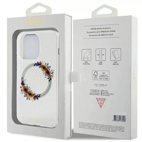 GUESS MagSafe-kompatibilis tok iPhone 15 Pro készülékhez GUHMP15LHFWFCT (Flowers Wreath) átlátszó