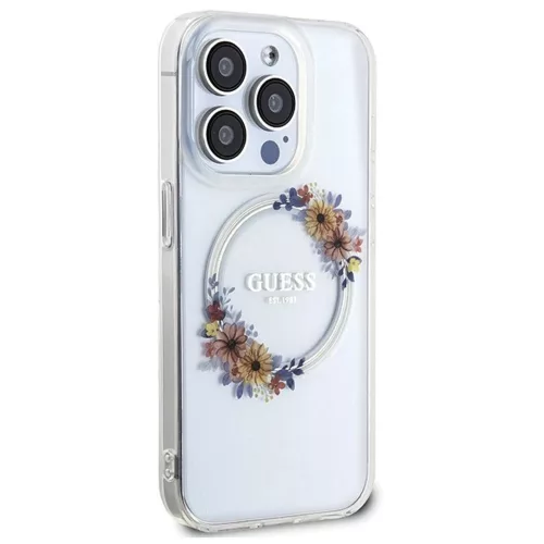 GUESS MagSafe-kompatibilis tok iPhone 15 Pro készülékhez GUHMP15LHFWFCT (Flowers Wreath) átlátszó