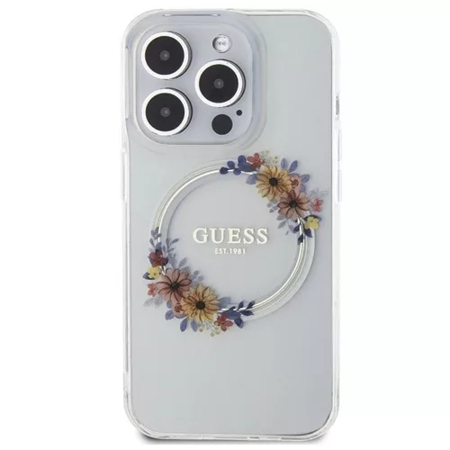 GUESS MagSafe-kompatibilis tok iPhone 15 Pro készülékhez GUHMP15LHFWFCT (Flowers Wreath) átlátszó