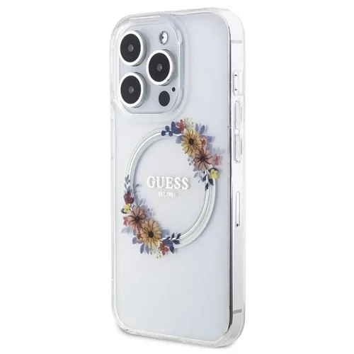 GUESS MagSafe-kompatibilis tok iPhone 15 Pro készülékhez GUHMP15LHFWFCT (Flowers Wreath) átlátszó