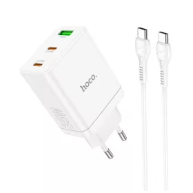   Hoco telefon töltő 2× USB-C + USB-A QC3.0 PD 3A 35W és USB-C–USB-C N33 kábel fehér