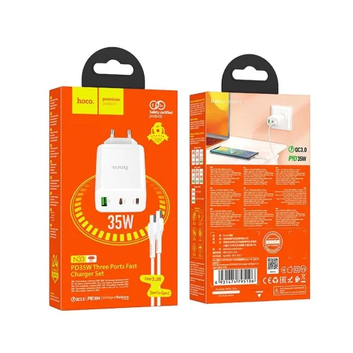 Hoco telefon töltő 2× USB-C + USB-A QC3.0 PD 3A 35W és USB-C–USB-C N33 kábel fehér