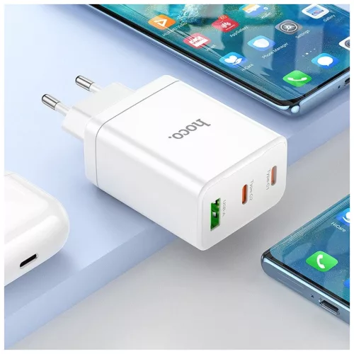 Hoco telefon töltő 2× USB-C + USB-A QC3.0 PD 3A 35W és USB-C–USB-C N33 kábel fehér