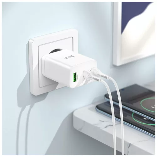 Hoco telefon töltő 2× USB-C + USB-A QC3.0 PD 3A 35W és USB-C–USB-C N33 kábel fehér