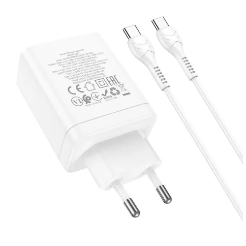 Hoco telefon töltő 2× USB-C + USB-A QC3.0 PD 3A 35W és USB-C–USB-C N33 kábel fehér