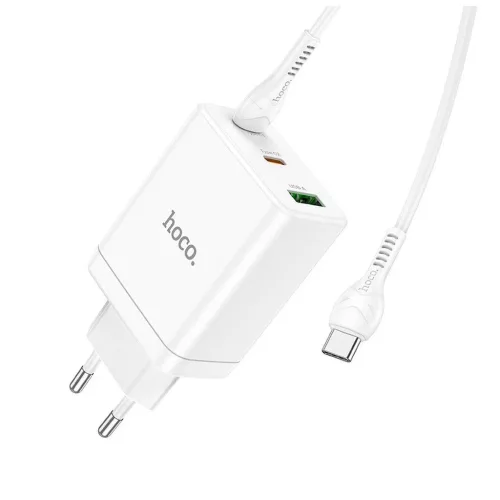 Hoco telefon töltő 2× USB-C + USB-A QC3.0 PD 3A 35W és USB-C–USB-C N33 kábel fehér