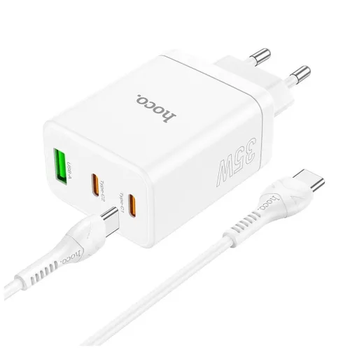 Hoco telefon töltő 2× USB-C + USB-A QC3.0 PD 3A 35W és USB-C–USB-C N33 kábel fehér