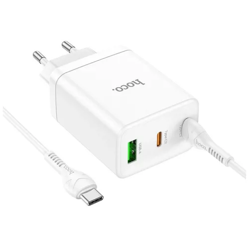 Hoco telefon töltő 2× USB-C + USB-A QC3.0 PD 3A 35W és USB-C–USB-C N33 kábel fehér