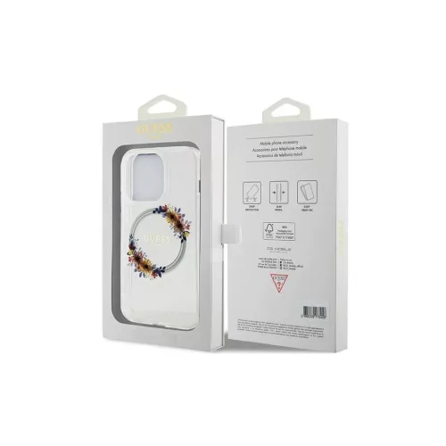 GUESS tok iPhone 15 Pro Max készülékhez MagSafe-kompatibilis GUHMP15XHFWFCT (Flowers Wreath) átlátszó