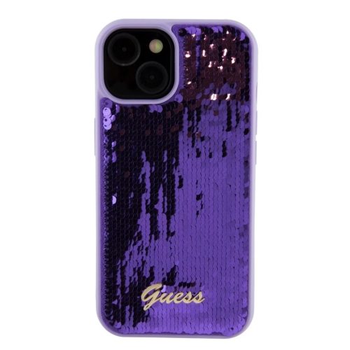 Guess Sequin Script Logo tok iPhone 15 Plus készülékhez lila