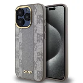   DKNY PU Leather Checkered Pattern Magsafe tok iPhone 15 Pro készülékhez bézs