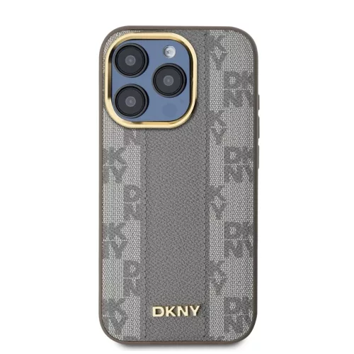 DKNY PU Leather Checkered Pattern Magsafe tok iPhone 15 Pro készülékhez bézs