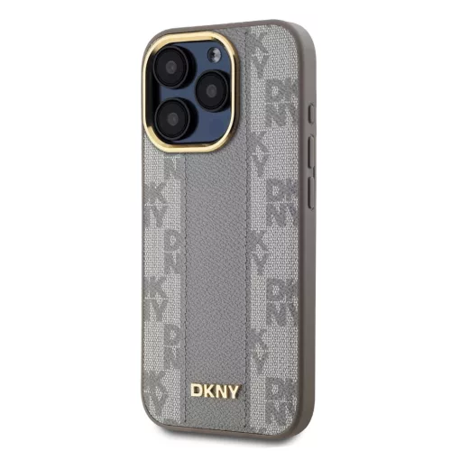 DKNY PU Leather Checkered Pattern Magsafe tok iPhone 15 Pro készülékhez bézs