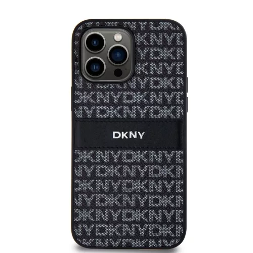 DKNY PU Leather Repeat Pattern Tonal Stripe tok iPhone 14 Pro készülékhez fekete