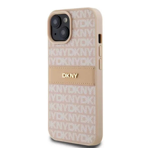 DKNY PU bőr Repeat Pattern Tonal Stripe tok iPhone 15 készülékhez rózsaszín