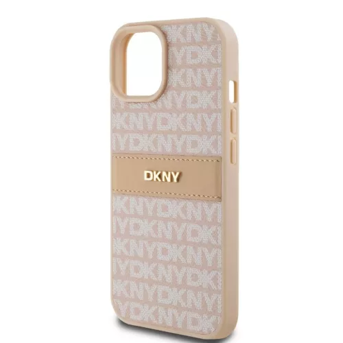 DKNY PU bőr Repeat Pattern Tonal Stripe tok iPhone 15 készülékhez rózsaszín