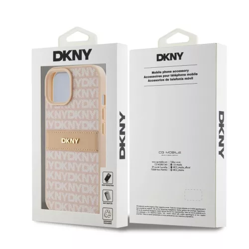 DKNY PU bőr Repeat Pattern Tonal Stripe tok iPhone 15 készülékhez rózsaszín