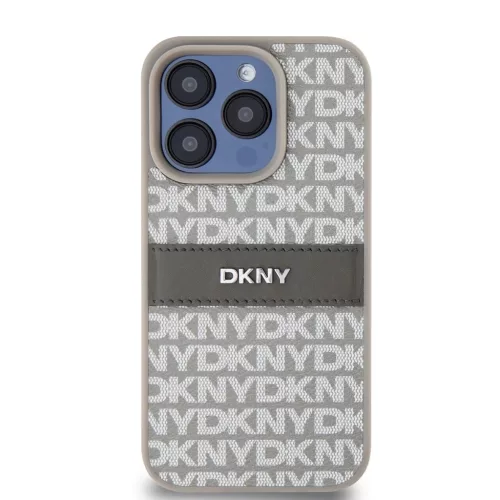 DKNY PU Leather Repeat Pattern Tonal Stripe tok iPhone 15 Pro készülékhez bézs