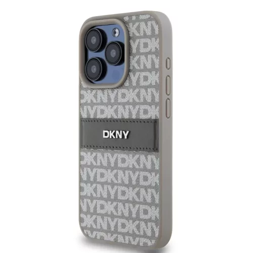 DKNY PU Leather Repeat Pattern Tonal Stripe tok iPhone 15 Pro készülékhez bézs