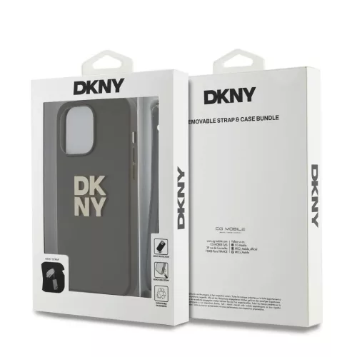 DKNY PU Leather Stack Logo csuklópántos tok iPhone 15 Pro készülékhez barna