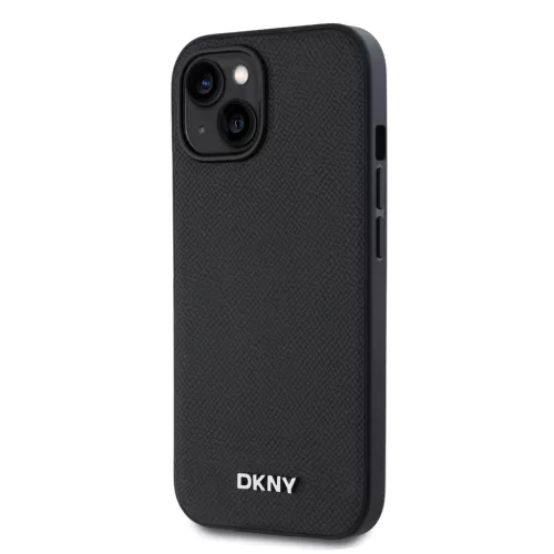 DKNY PU Leather Silver Metal Logo Magsafe tok iPhone 13 készülékhez fekete
