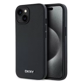   DKNY PU bőr ezüst fém logó Magsafe tok iPhone 14 készülékhez fekete
