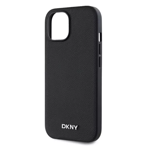 DKNY PU bőr ezüst fém logó Magsafe tok iPhone 14 készülékhez fekete