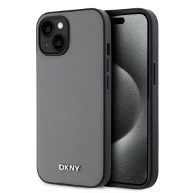   DKNY PU Leather Silver Metal Logo Magsafe tok iPhone 14 készülékhez szürke