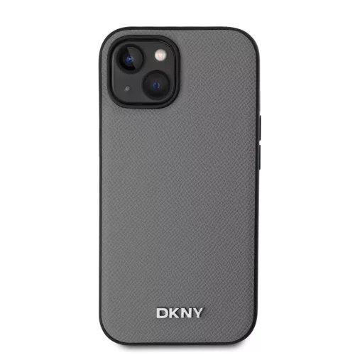 DKNY PU Leather Silver Metal Logo Magsafe tok iPhone 14 készülékhez szürke
