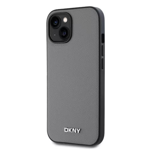 DKNY PU Leather Silver Metal Logo Magsafe tok iPhone 14 készülékhez szürke