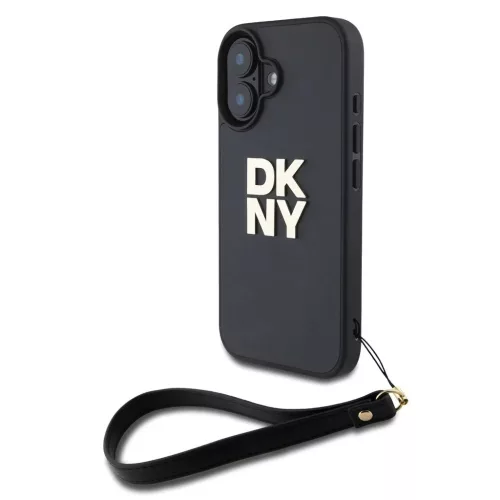 DKNY PU Leather Stack Logo csuklópántos tok iPhone 16 készülékhez fekete