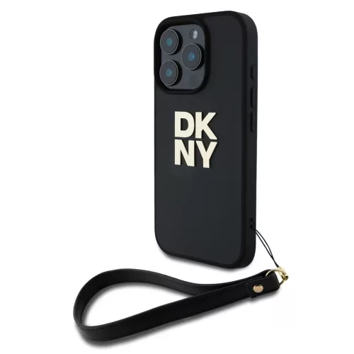 DKNY PU Leather Stack Logo csuklópántos tok iPhone 16 Pro készülékhez fekete