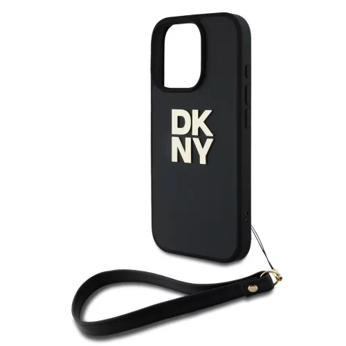 DKNY PU Leather Stack Logo csuklópántos tok iPhone 16 Pro készülékhez fekete